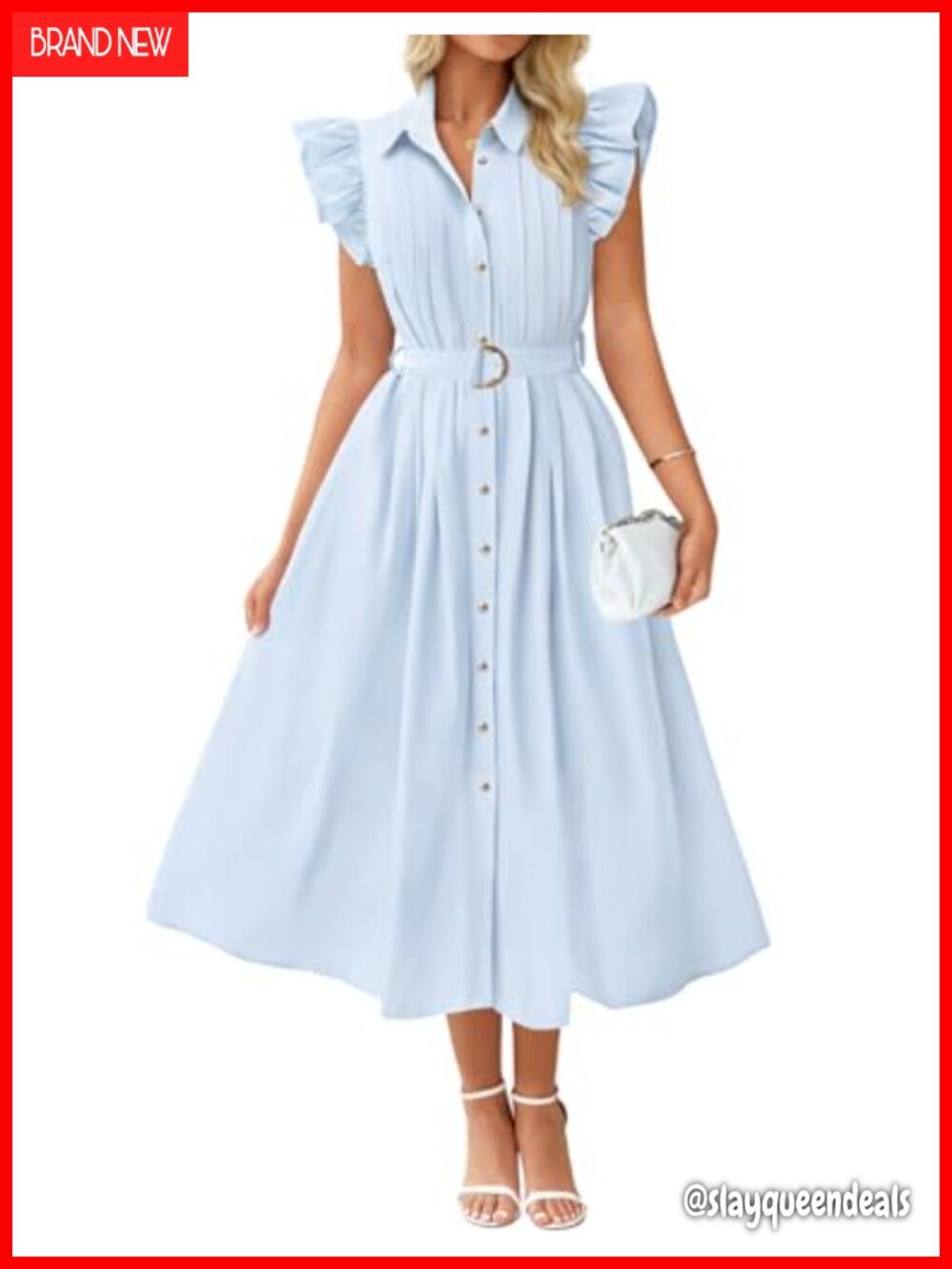 Womens Summer Button Down Midi Dress Flutter Sleeve A-Line Belted